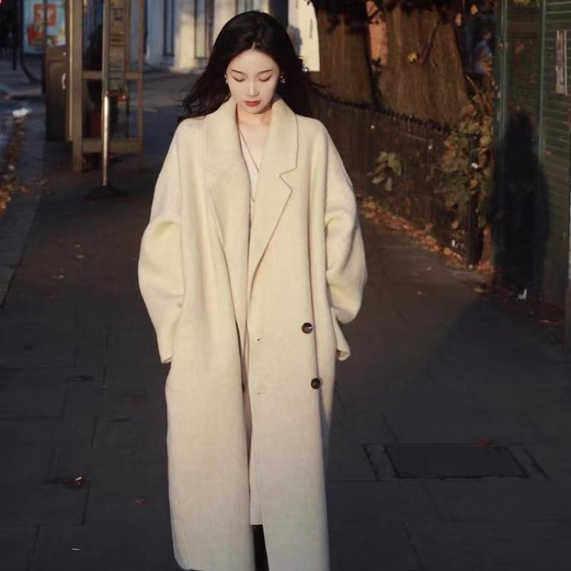雙面羊毛大衣女小個子秋冬新款茧型中長款韓版寬鬆毛呢子外套