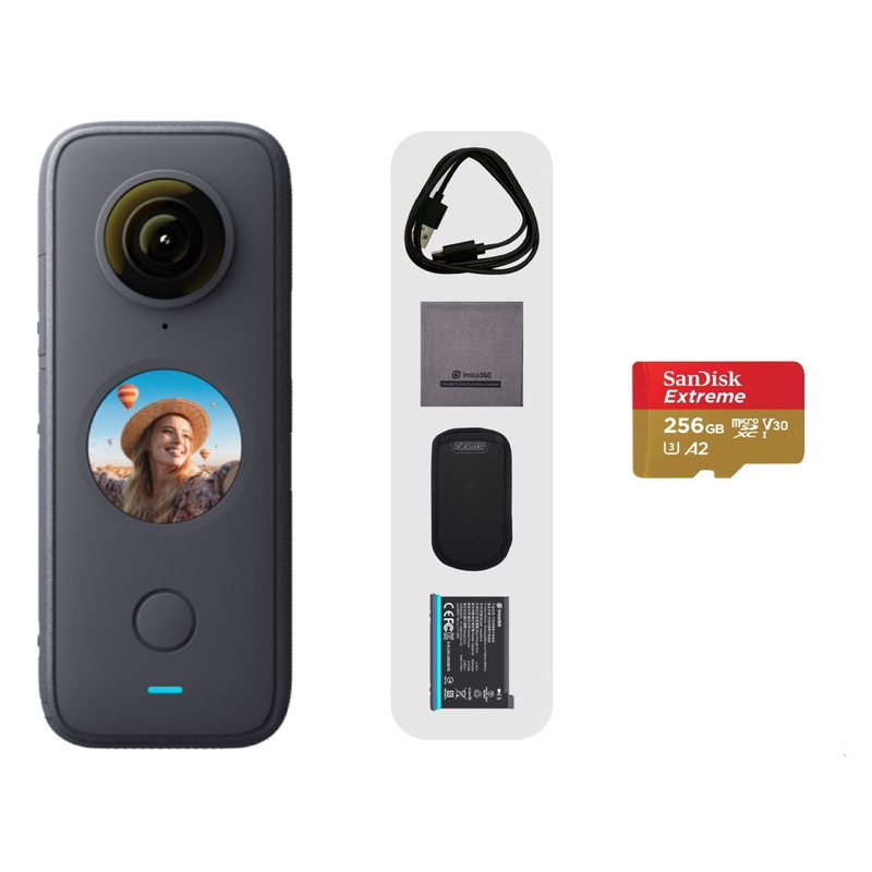 二手現貨 Insta360 ONE X2 全景相機/原場一體式三腳自拍桿/SD 高速256GB記憶卡/原廠子彈時間繩盒