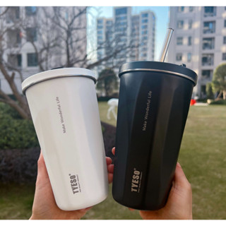 新款TYESO保溫杯 304不鏽鋼冰霸杯 600ml磨砂漆面不鏽鋼咖啡杯 環保伸縮吸管咖啡杯 附吸管隨行杯 不鏽鋼車載杯