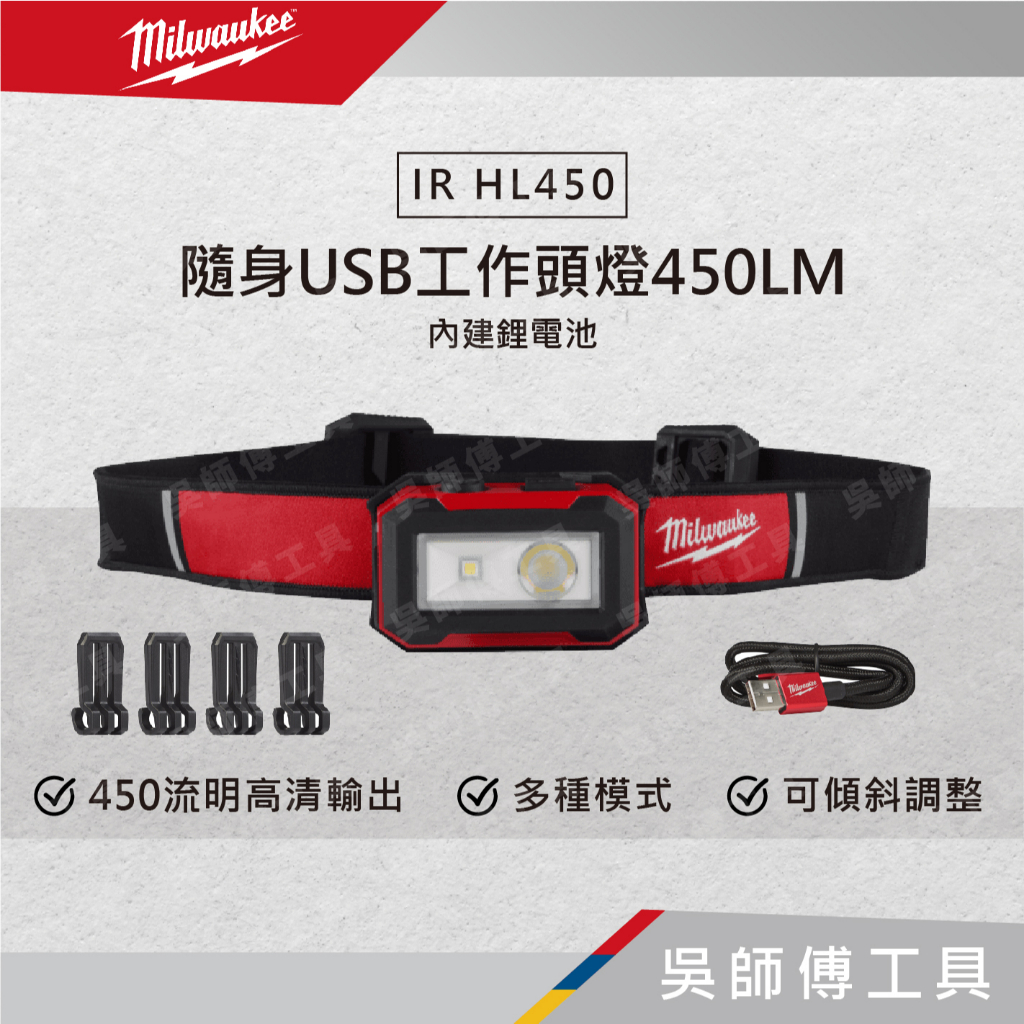 【吳師傅工具】美沃奇 Milwaukee IR HL450 隨身USB工作頭燈450LM(內建鋰電池)