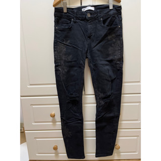 二手Zara 花卉破損風窄管牛仔褲 黑36