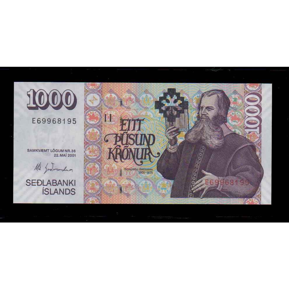 【低價外鈔】冰島2001年 1000 Krónur 冰島克朗 紙鈔一枚 木製教堂圖案，少見~