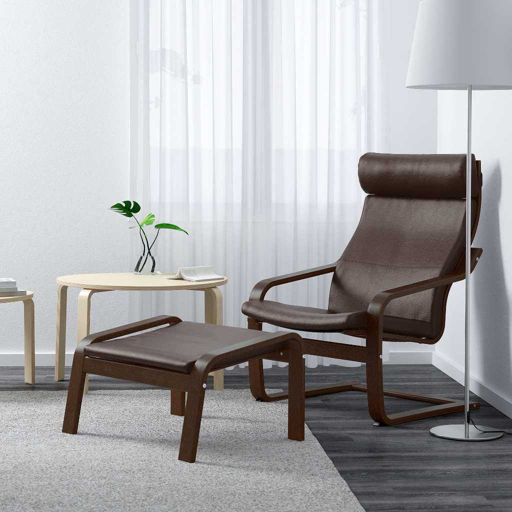 北歐風格經典IKEA宜家POÄNG實心樺木躺椅+椅凳一組/扶手椅/皮革/深棕色/二手八成新/原二件$9480特$6800