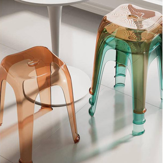 創意亞克力網透明家用紅餐椅塑膠商用椅子疊加厚透明放板凳椅可塑膠圓凳凳子設計師簡約凳子
