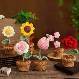 🏵️免運🏵️針織diy材料包創意手工編織棉毛鉤針花暴龍鬱金香草莓泡芙玫瑰小雛菊盆栽生日情人節女朋友禮物 母親節禮物 禮品