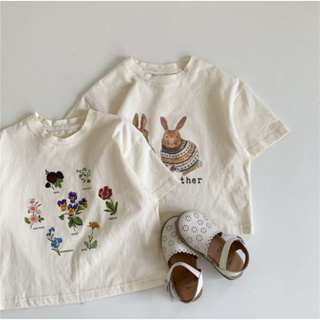 兔兔花朵棉質上衣-【現貨】ins春夏季新款韓版男女童寶寶兔兔花朵手繪圖案棉質印花上衣T恤