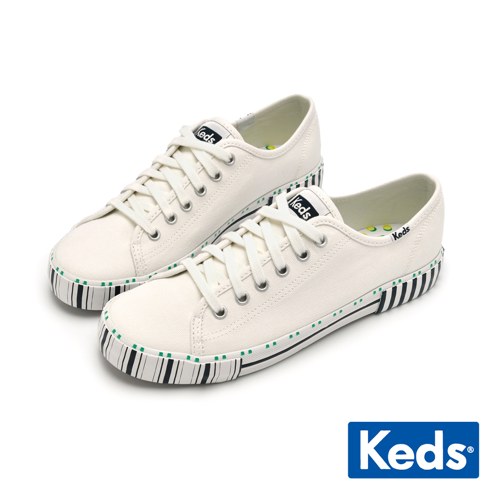 【Keds】KICKSTART 復古橫直條線型帆布休閒鞋-白 (9231W123482)
