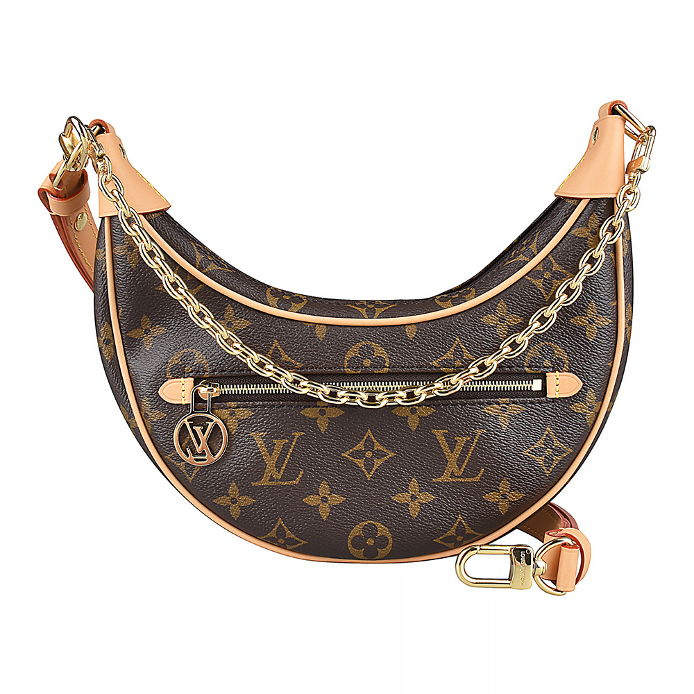 LV M81098 Loop花紋LOGO雙背帶設計Monogram帆布鍊帶手提及斜背彎月包(咖啡)