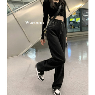 Waroom|現貨 B149 S-L韓系高腰不對稱顯瘦黑色闊腿褲|女裝|美式|牛仔褲|復古長褲|直筒褲|拖地褲|寬褲
