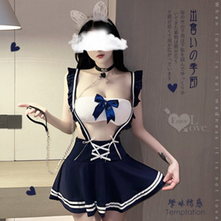 【情趣工廠】學生角色扮演服！平口裹胸木耳花邊交叉束腰連身裙三件組