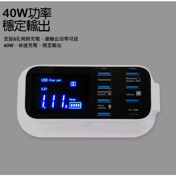 【東京數位】全新 充電 8PT2 八孔智慧快充電壓顯示充電器 PD3.0 &amp; QC3.0快充 40W充電