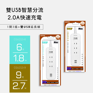 含稅一年原廠保固KINYO台灣製造1開3插2孔加2USB安全延長線插座插座(CGU213-6-9)