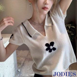 【JODIES】S-XL 鏤空薄款花朵短袖T恤女 夏季防曬V領短袖針織衫 韓版白色翻領顯瘦短款短袖上衣 韓國夏天女裝
