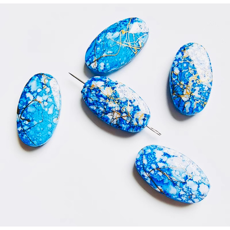 日本手作 《高品質壓克力系列》特色拉絲噴漆藍色橢圓壓克力直孔珠 耳環專用 DIY 手作材料