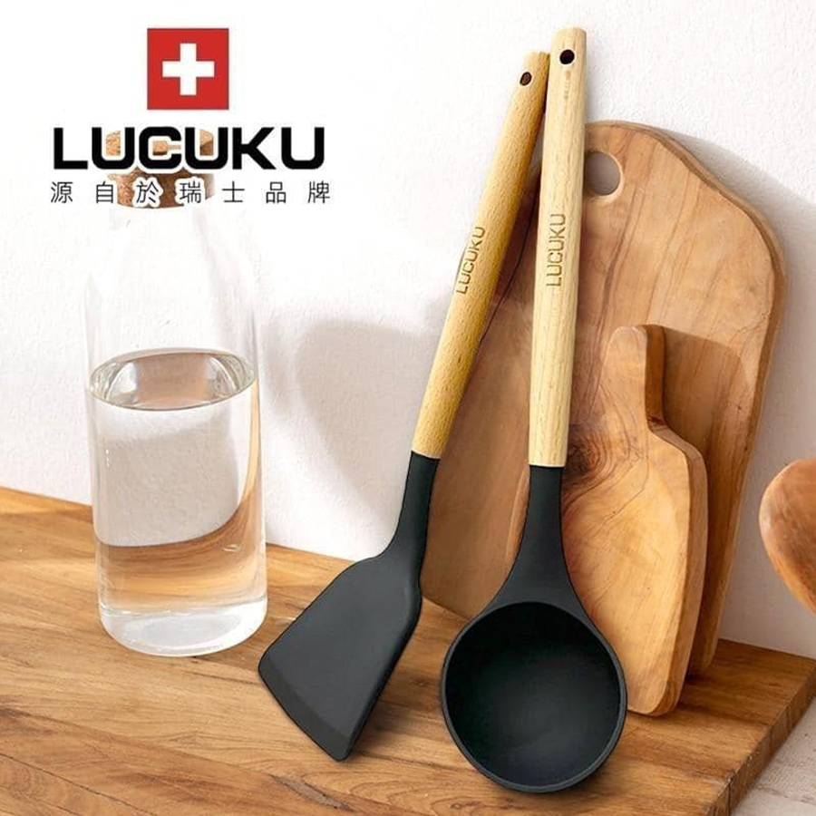 【瑞士LUCUKU】北歐風木柄矽膠鍋鏟湯勺2件組《屋外生活》不沾鍋用 鍋鏟 湯勺 料理工具 耐熱矽膠