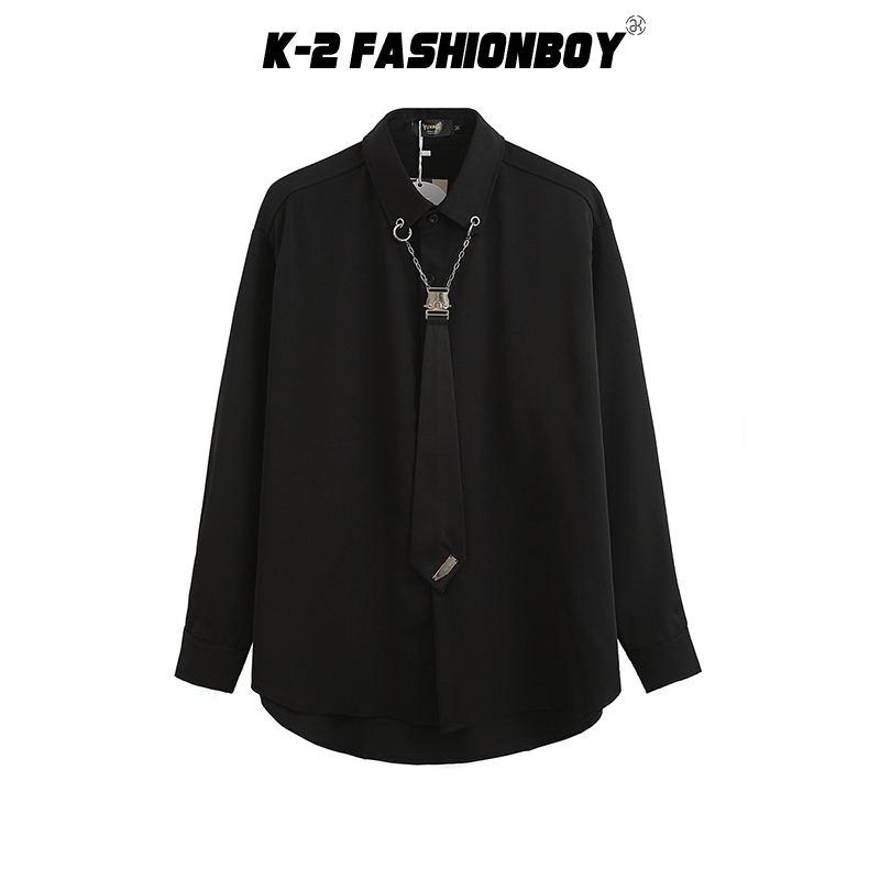 【K-2】素色 簡約 長袖襯衫 胸前 領帶 設計 質感滿分 項鍊造型 黑白 男女不拘 搭配 穿搭【A639】