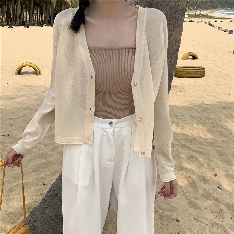 【HanVo】日系小花鈕釦薄款針織罩衫 薄外套冷氣房必備空調衫 冰絲涼感透膚外套上衣 女生衣著 A07-1605