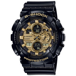 G-SHOCK CASIO 卡西歐 復古防磁三眼三圈大錶徑雙顯錶-黑X金(GA-140GB-1A1)