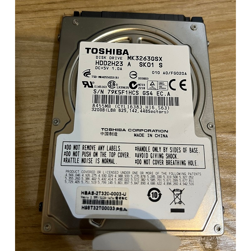 2.5吋 硬碟 TOSHIBA 320GB 5400rpm SATA MK3263GSX