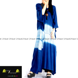 Unic＠泰國進口藍染洋裝『🌳TD229透氣棉麻＿一字肩線＋手工綁染＿❄️超涼感❄️洋裝』～波希米亞風 植物染 洋裝