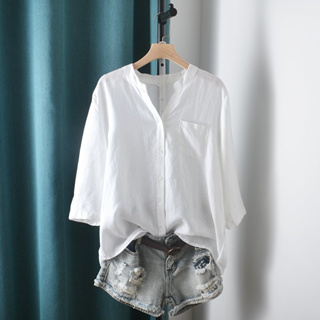 韓版夏季純色V領亞麻襯衫顯瘦七分袖上衣