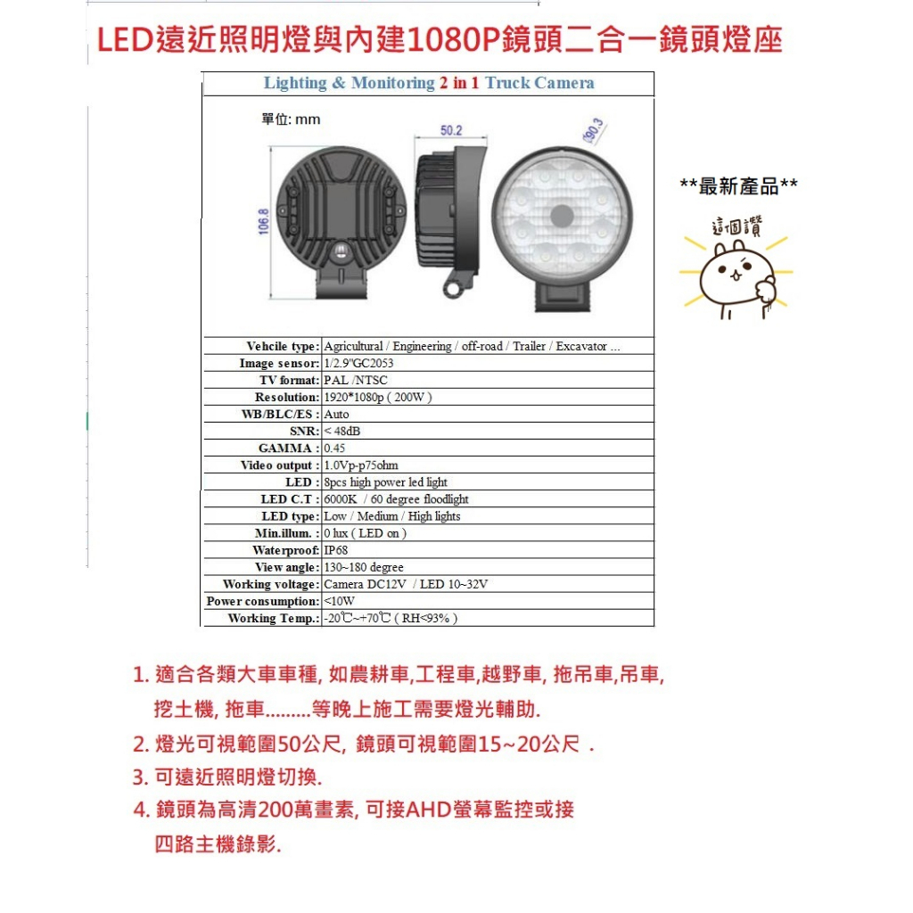 LED遠近切換照明燈與內建1080P鏡頭二合一鏡頭燈座/貨車鏡頭大貨車鏡頭四鏡頭行車記錄器