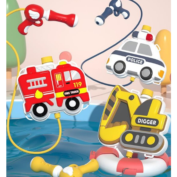 【台灣現貨◆快速出貨】夏季玩水趣！消防車警車挖土機直升機水槍背包玩具 水槍 戲水玩具