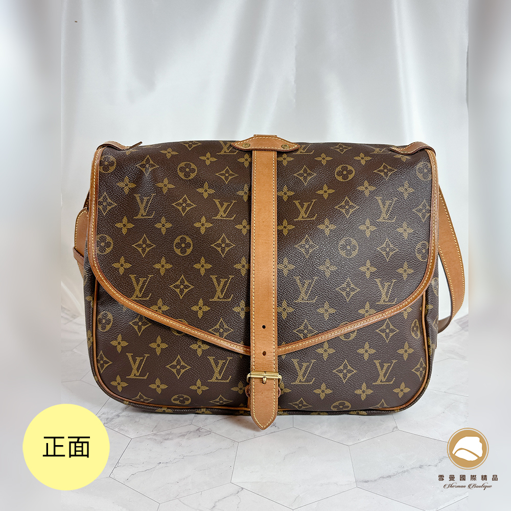 【雪曼國際精品】保留─LV M42254 Saumur 35經典老花字紋肩背／斜背雙面馬鞍包，二手商品8.8成新