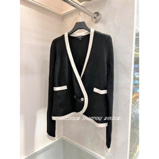 CHANEL 經典雙口袋 100% CASHMERE 深藍白邊針織小外套*倫敦櫥窗*