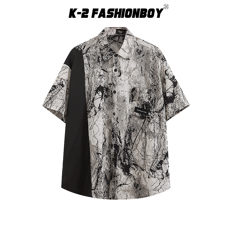 【K-2】黑色 撞色 數位潑墨 水墨畫 藝術 花襯衫 短袖襯衫 滿版 口袋設計 排釦 薄襯衫 穿搭【A666】
