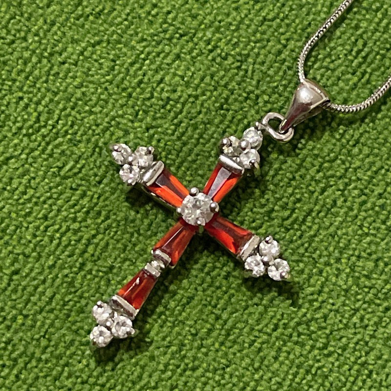 紅水晶十字架墜飾 18KGP鑽石項鏈 優質美麗鑲鑽紅十字 大愛 紅寶石@c450#
