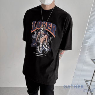 【GATHER STORE】韓國🇰🇷 暗黑街頭 樂團 骷顱💀Loser印花 搖滾 寬TEE 黑色 重磅 短袖TEE 上衣