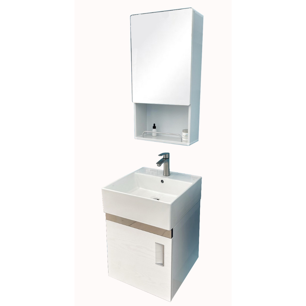 【三件式組合】方型瓷盆+不鏽鋼白木紋浴櫃+不鏽鋼龍頭組+鋁製收納鏡櫃