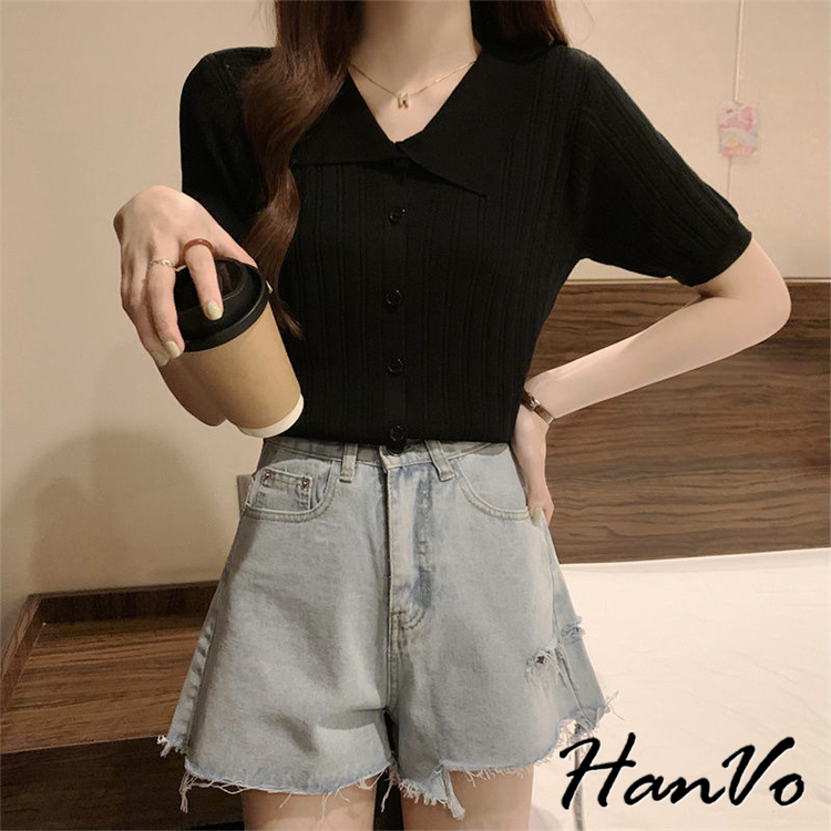 【HanVo】排釦氣質針織透氣POLO衫 顯瘦修身短袖上衣 韓系針織衫 韓國女裝 女生衣著 0013