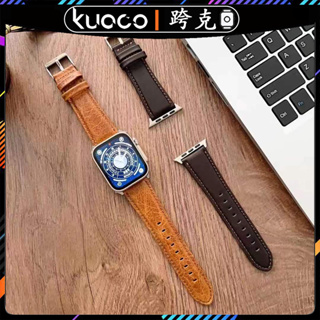 適用於Apple watch瘋馬紋真皮錶帶 iwatch3456789代腕帶 蘋果手錶Ultra2/SE真皮錶帶49mm