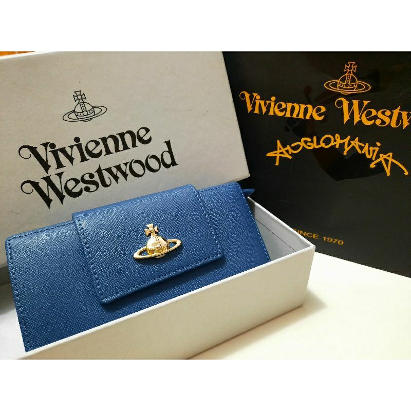【現貨 9.5成新】Vivienne Westwood 薇薇安魏斯伍德 十字紋 牛皮防刮 莫蘭迪藍 拉鍊錢包 中夾 皮夾