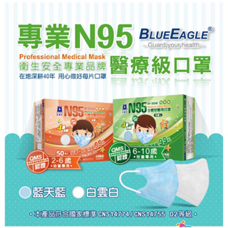 藍鷹牌 台灣製 N95立體醫用口罩 兒童 幼童 素面藍色和白色 50入無鼻壓條設計