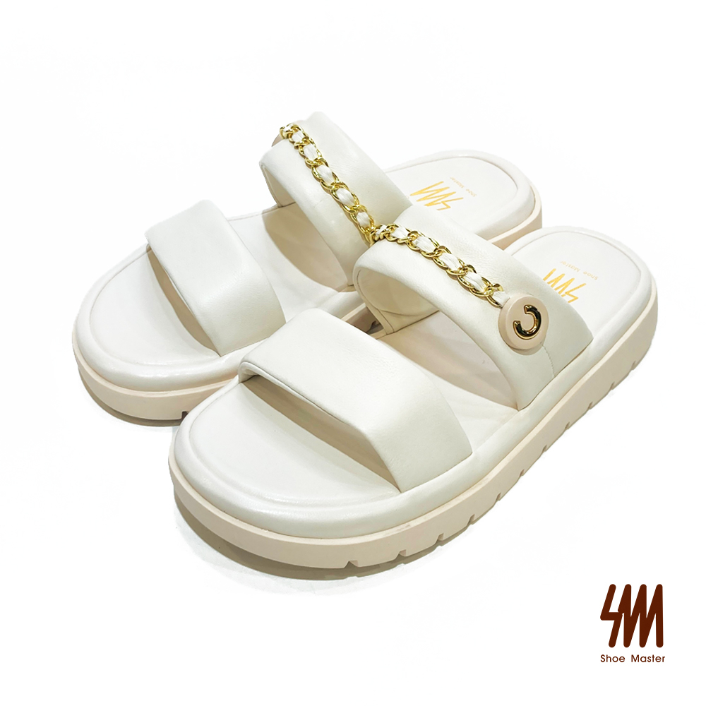 SM 個性金屬鍊條雙寬帶拖鞋(白色)