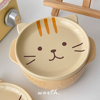 渥思【現貨】日系貓咪泡麵碗 陶瓷碗盤 附蓋 附盤 分層碗 貓咪造型 個人鍋