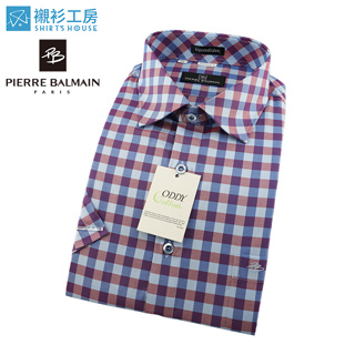 皮爾帕門pb藍、紫格紋領面斜格、超細純棉體感舒適特殊材質下擺齊支可放出來寬鬆短袖襯衫69010-02-襯衫工房