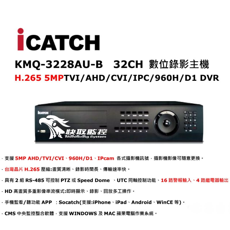 ICATCH 可取 32路16音 H.265 500萬 5MP 監視器 監控主機 KMQ-3228AU-B 實體店面