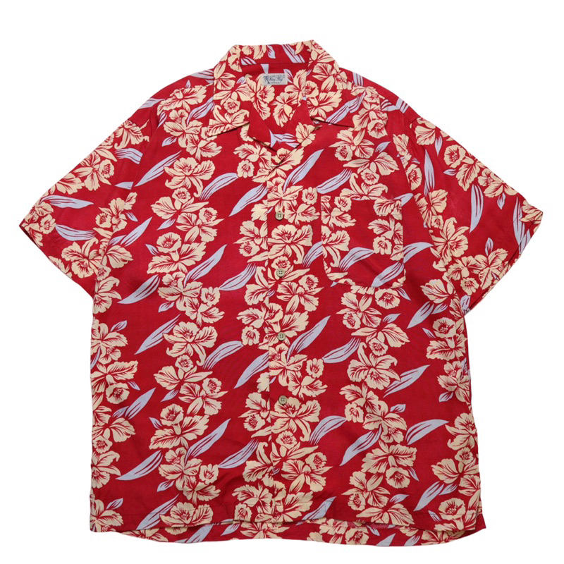「富士鳥」古著 紅底黃花夏威夷襯衫 花襯衫