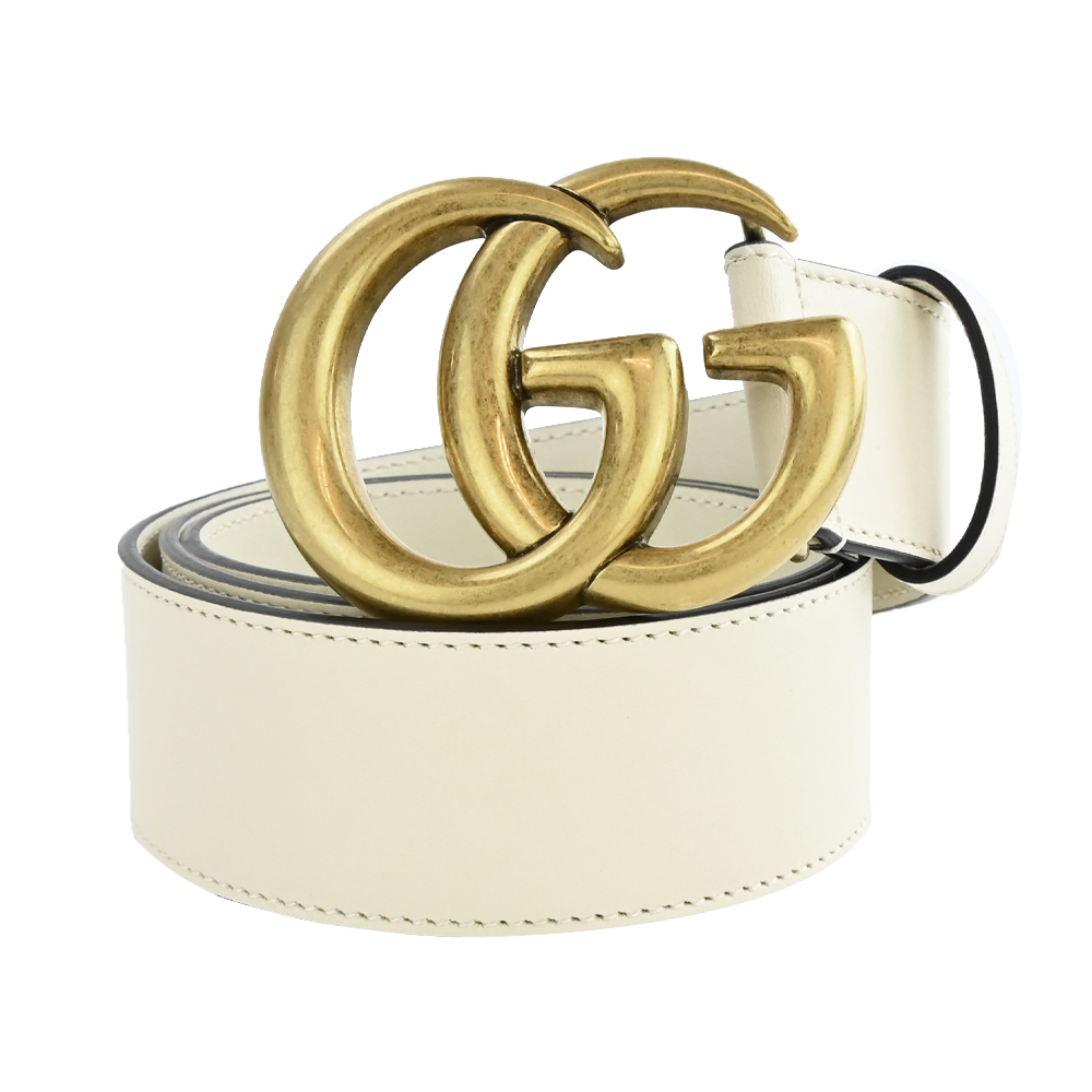 GUCCI GG Marmont 皮革仿舊雙G扣皮帶(米白/金)｜100%原廠真品｜JS Maxx官方旗艦館