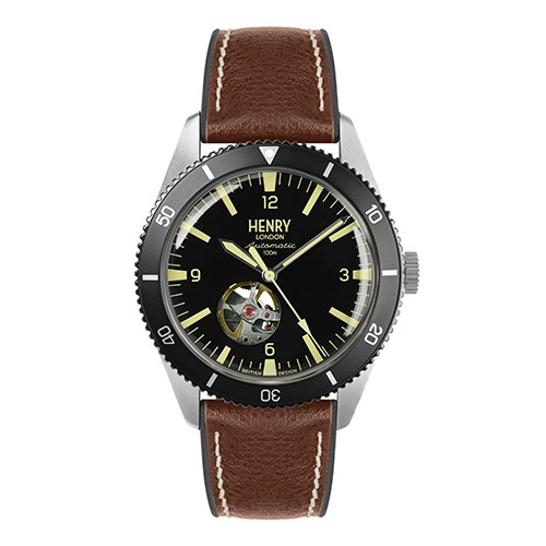 出清 HENRY LONDON英國設計師品牌手錶 | HL42-AS-0331 黑銀黑 潛水錶造型簍空機械錶