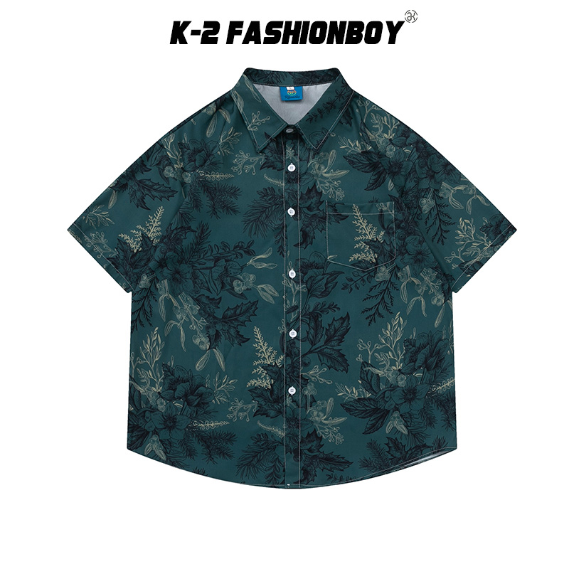 【K-2】綠生態 樹枝 葉子 反車線 綠色襯衫 質感滿分 短袖襯衫 口袋 穿搭 文青 中性 寬鬆【A33103】
