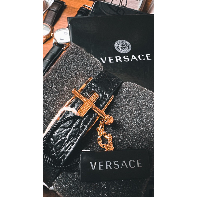 Versace 黑皮革金屬手鍊 手環 極新品僅試戴 凡賽斯經典配色