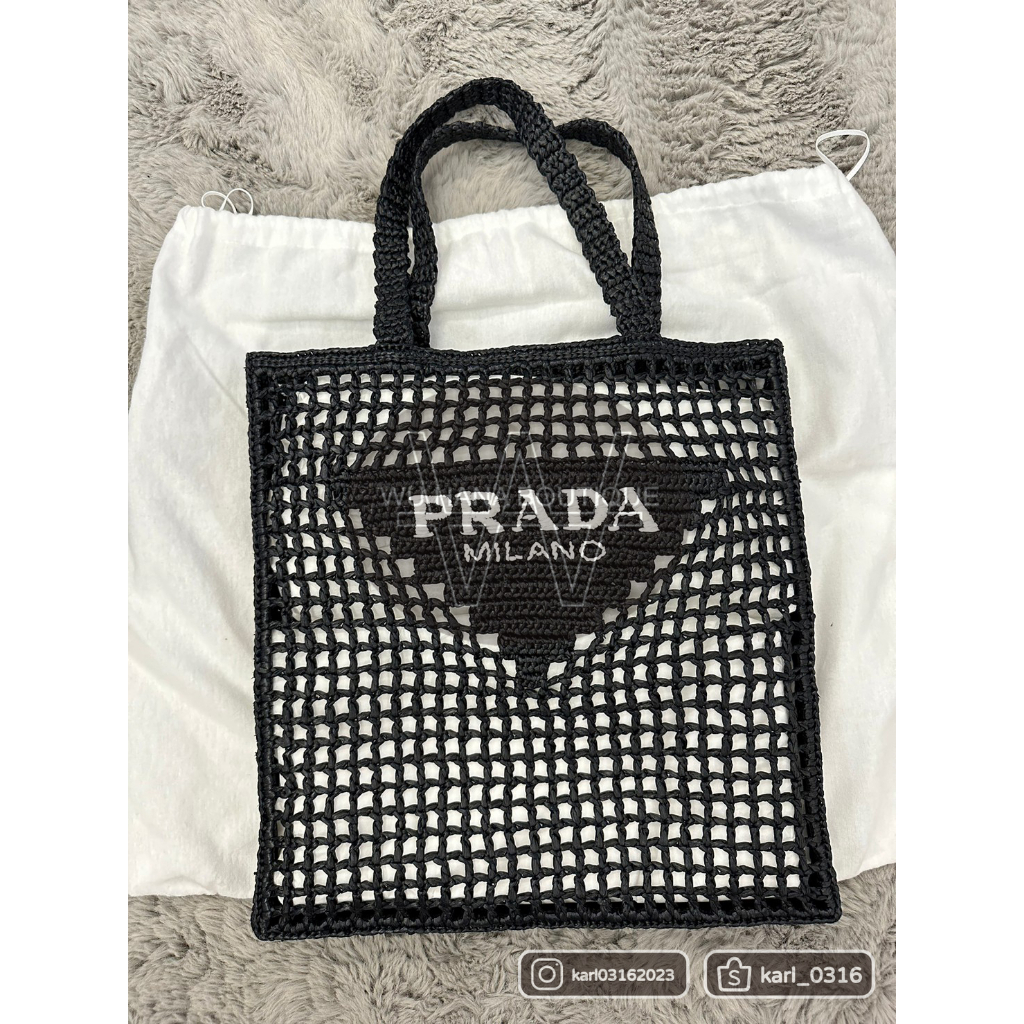 PRADA 草編包 拉菲草手提袋(黑色)