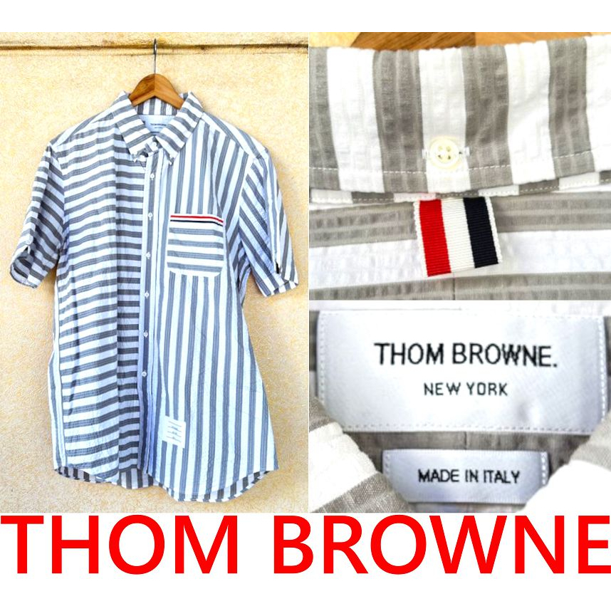 BLACK近全新THOM BROWNE紐約風微皺風西裝正裝T.B直線條紋短袖襯衫 (稀有大SZ)