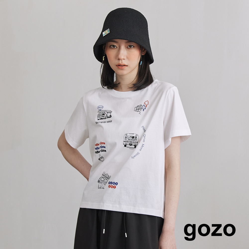 【gozo】經典旅行團行程後開叉合肩T恤(白色/淺藍_M/L) | 純棉 圓領 休閒