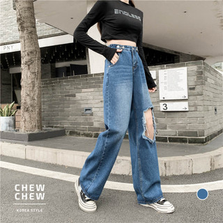 AHUA阿華有事嗎 韓系女裝 可調腰頭刷色破洞牛仔寬褲 C2807 休閒 百搭 韓妞必備 可愛 日系 鹽系